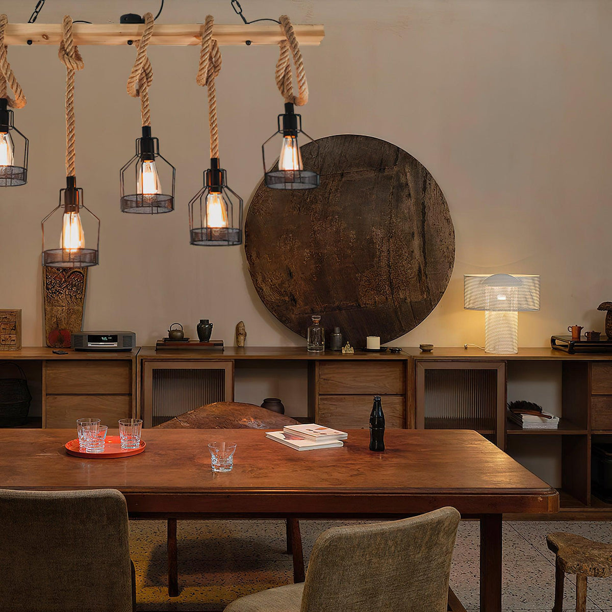 Henneptouw Hanglamp Industrieel Metaal 3-5-8 Lichtpunten Granaatmodel Vintage Snoerverlichting Eetkamer Woonkamer | Sansoti