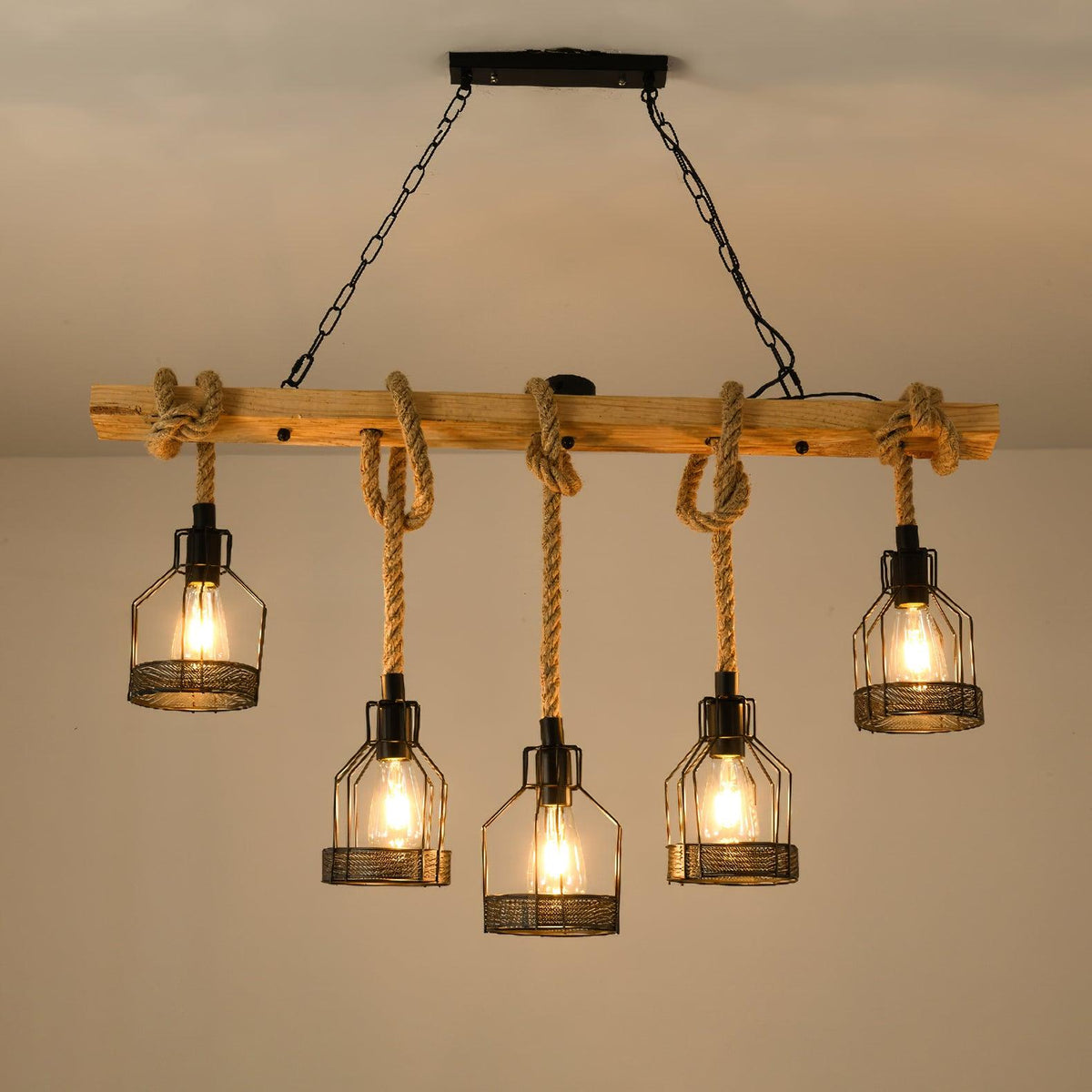 Henneptouw Hanglamp Industrieel Metaal 3-5-8 Lichtpunten Granaatmodel Vintage Snoerverlichting Eetkamer Woonkamer | Sansoti