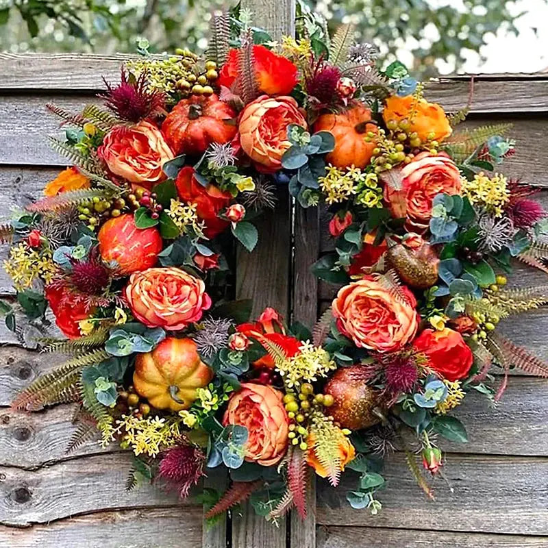Herbstdekoration Kranz Kürbis Naturtöne 40 cm Innen- und Außenbereich Tür Wand Tisch Kunstmaterial Saison | Sansoti