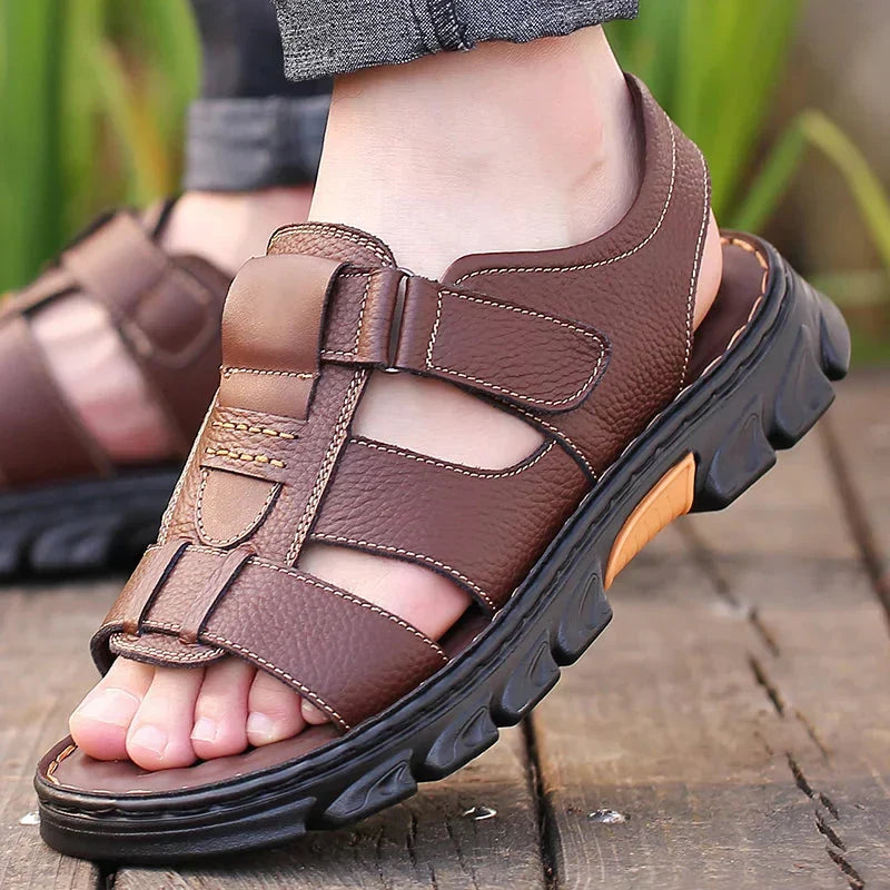 Orthopedische Leren Herensandalen Bruin Zwart Comfortabel Voetbed Ademend Design Zomer Wandelen Casual | Sansoti