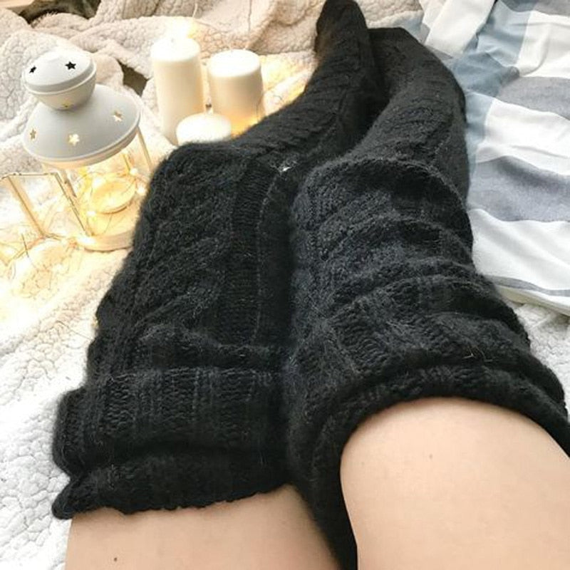 Damen-Overknee-Strümpfe, gestrickt, mit Zopfmuster, elastischem Polyester, warmes Winteraccessoire, lange Socken | Sansoti