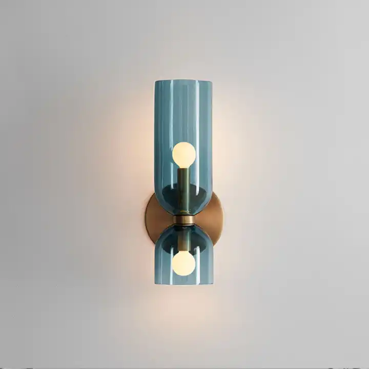 Glazen Cilinder Wandlamp Dubbele Fitting Metalen Frame Blauw Grijs Wit Modern Design Eetkamer Bar Slaapkamer | Sansoti