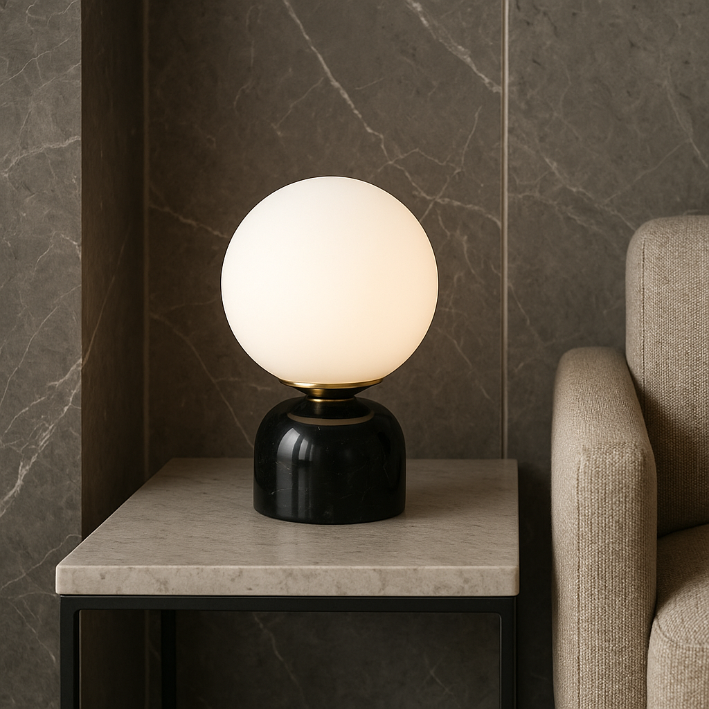 Hindsa Tischlampe Marmor Glas Ø15xH9 warmes Licht 3000K Tischlampe Nachttisch Wohnzimmer Design Beleuchtung minimalistisch skandinavisch | Restfield