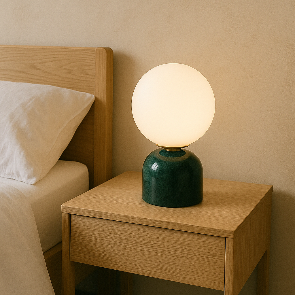 Hindsa Tischlampe Marmor Glas Ø15xH9 warmes Licht 3000K Tischlampe Nachttisch Wohnzimmer Design Beleuchtung minimalistisch skandinavisch | Restfield
