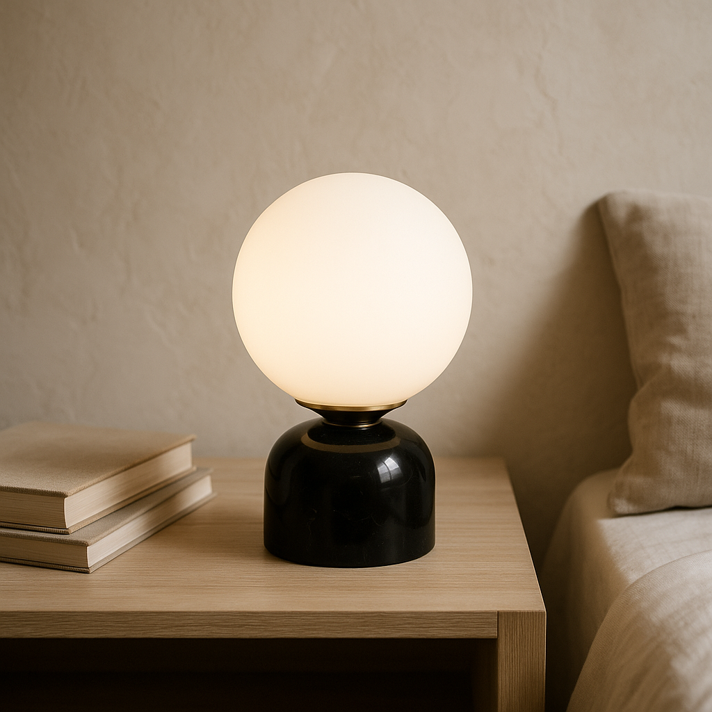 Hindsa Tischlampe Marmor Glas Ø15xH9 warmes Licht 3000K Tischlampe Nachttisch Wohnzimmer Design Beleuchtung minimalistisch skandinavisch | Restfield