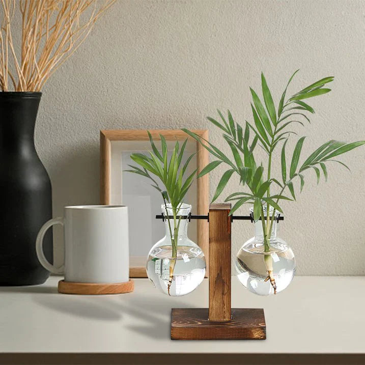 Glazen Vaas op Houten Standaard Decoratief Retro Hydroponics Plantenpot Transparant Glas Sfeeraccent voor Bloemen en Stekjes | Sansoti