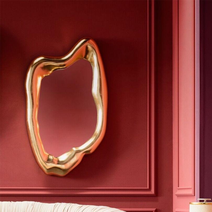 Asymmetrical Wall Mirror with Gold-Colored Wooden Frame – Organic Mirror Modern Wall Decoration | Sansoti
