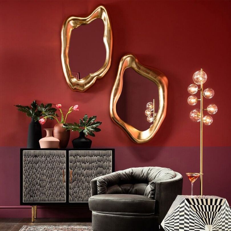 Asymmetrical Wall Mirror with Gold-Colored Wooden Frame – Organic Mirror Modern Wall Decoration | Sansoti