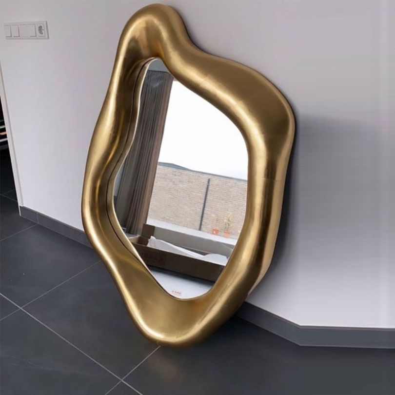 Asymmetrical Wall Mirror with Gold-Colored Wooden Frame – Organic Mirror Modern Wall Decoration | Sansoti