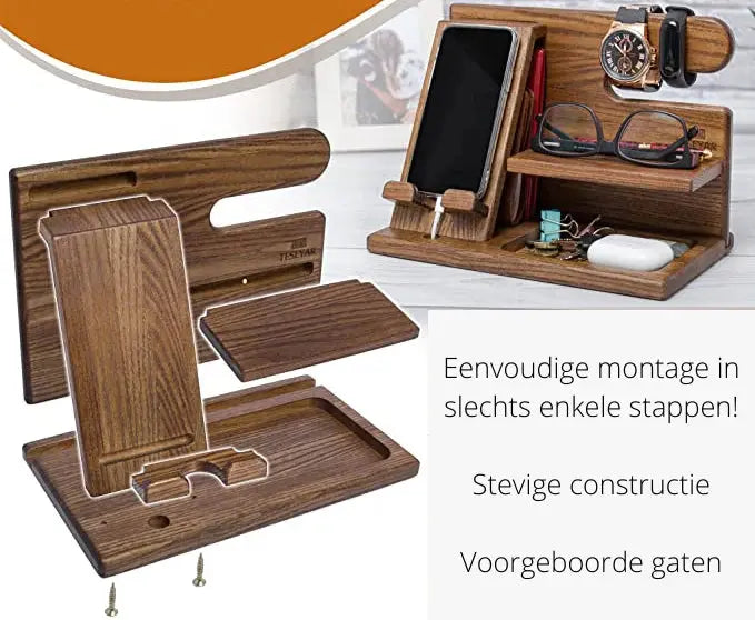 Houten Bureau-organizer met Telefoonhouder en Vakken voor Kantoor Werkplek Opberging Accessoires Pen | Sansoti