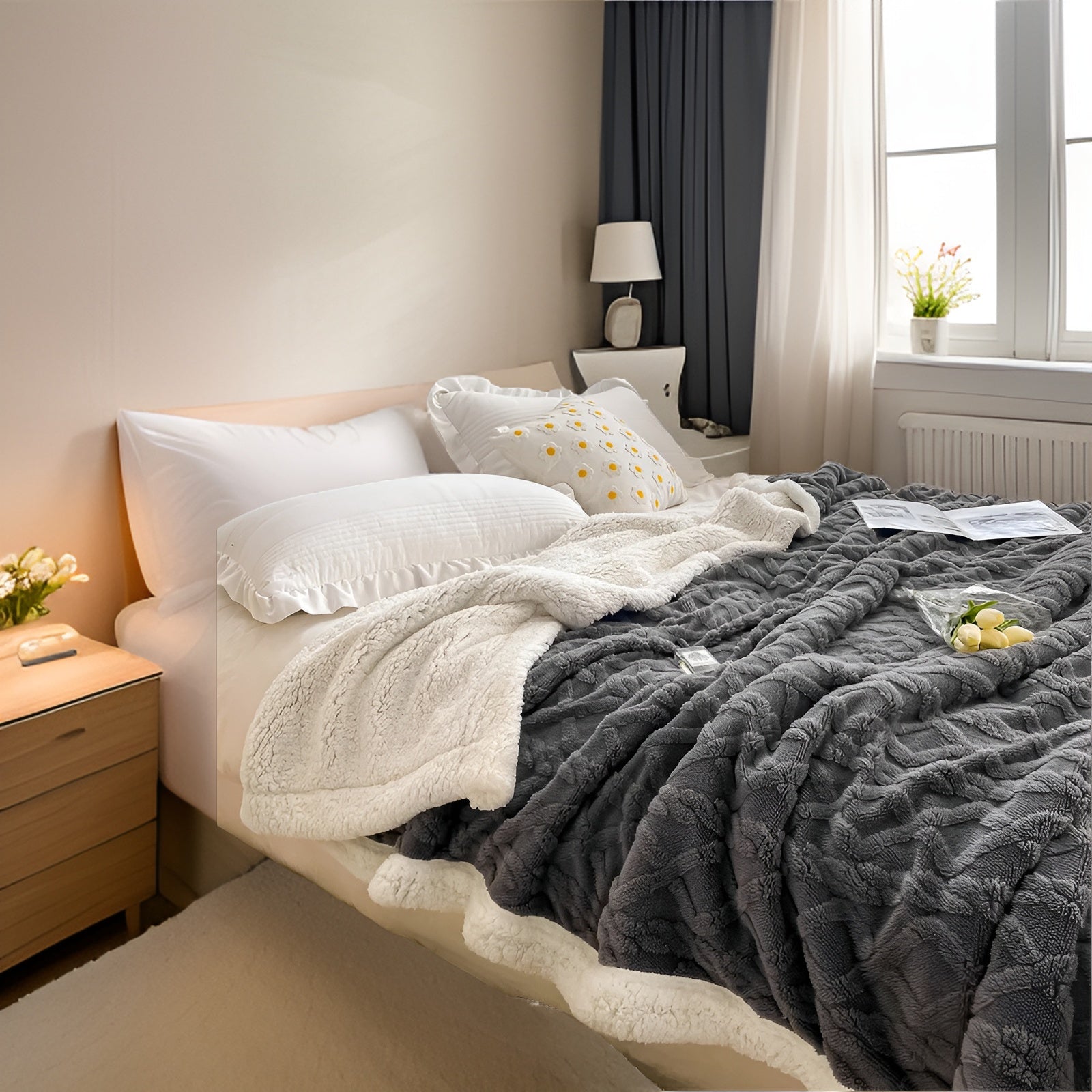 Fleecedeken Tweezijdig Polyester Grijs Wit Bank Bed Warm Deken 100x150 150x200 200x230 cm Zacht Plaid Winterdeken Sherpa Deken | Sansoti