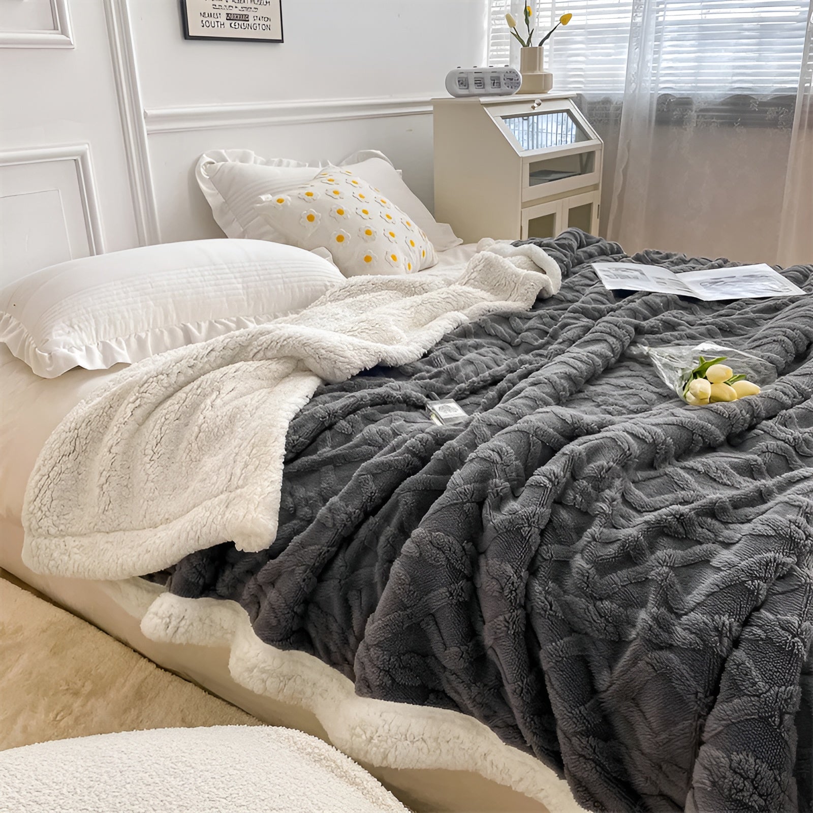 Fleecedeken Tweezijdig Polyester Grijs Wit Bank Bed Warm Deken 100x150 150x200 200x230 cm Zacht Plaid Winterdeken Sherpa Deken | Sansoti