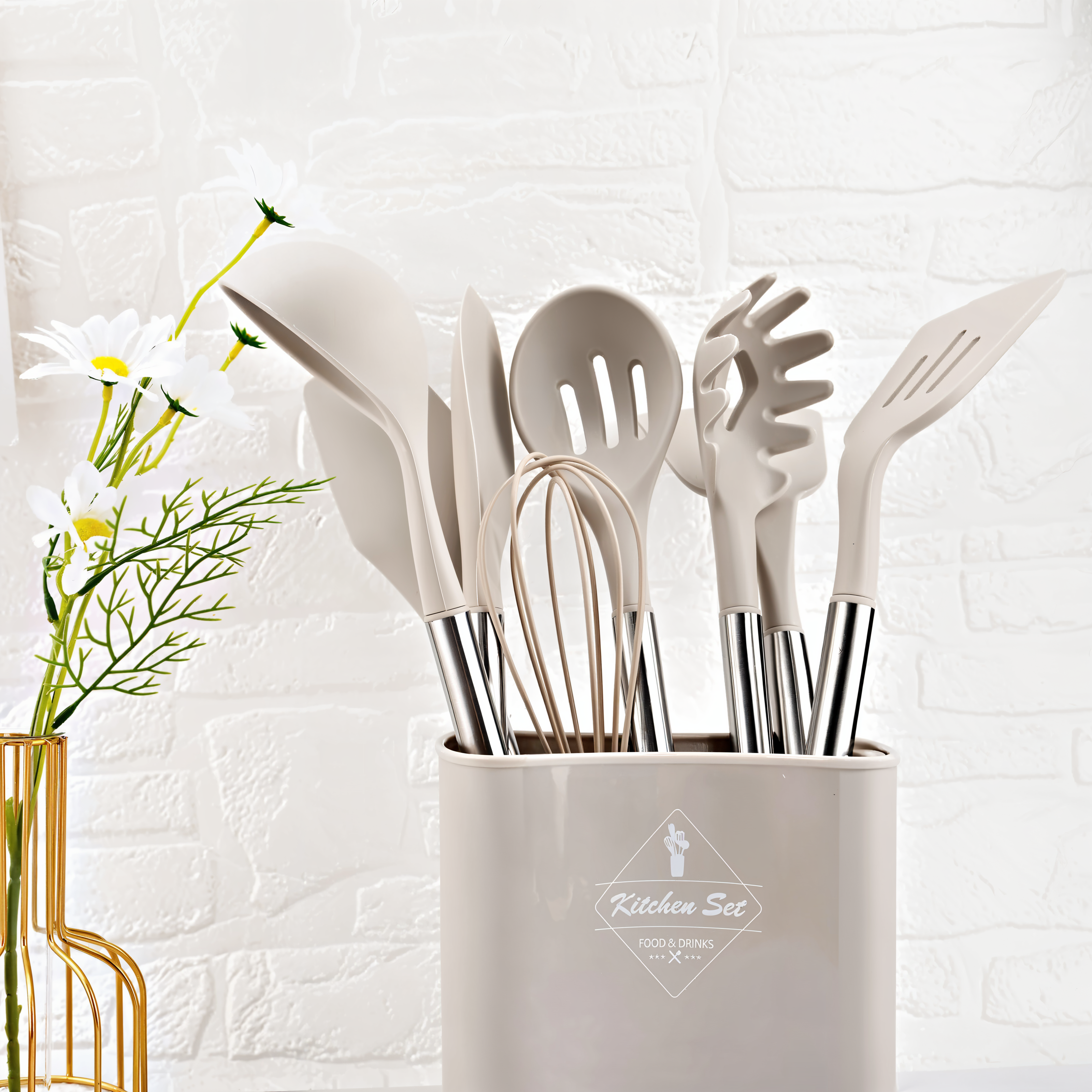 Set d'ustensiles de cuisine silicone 12 pièces résistant à la chaleur manche inox avec support | Restfield