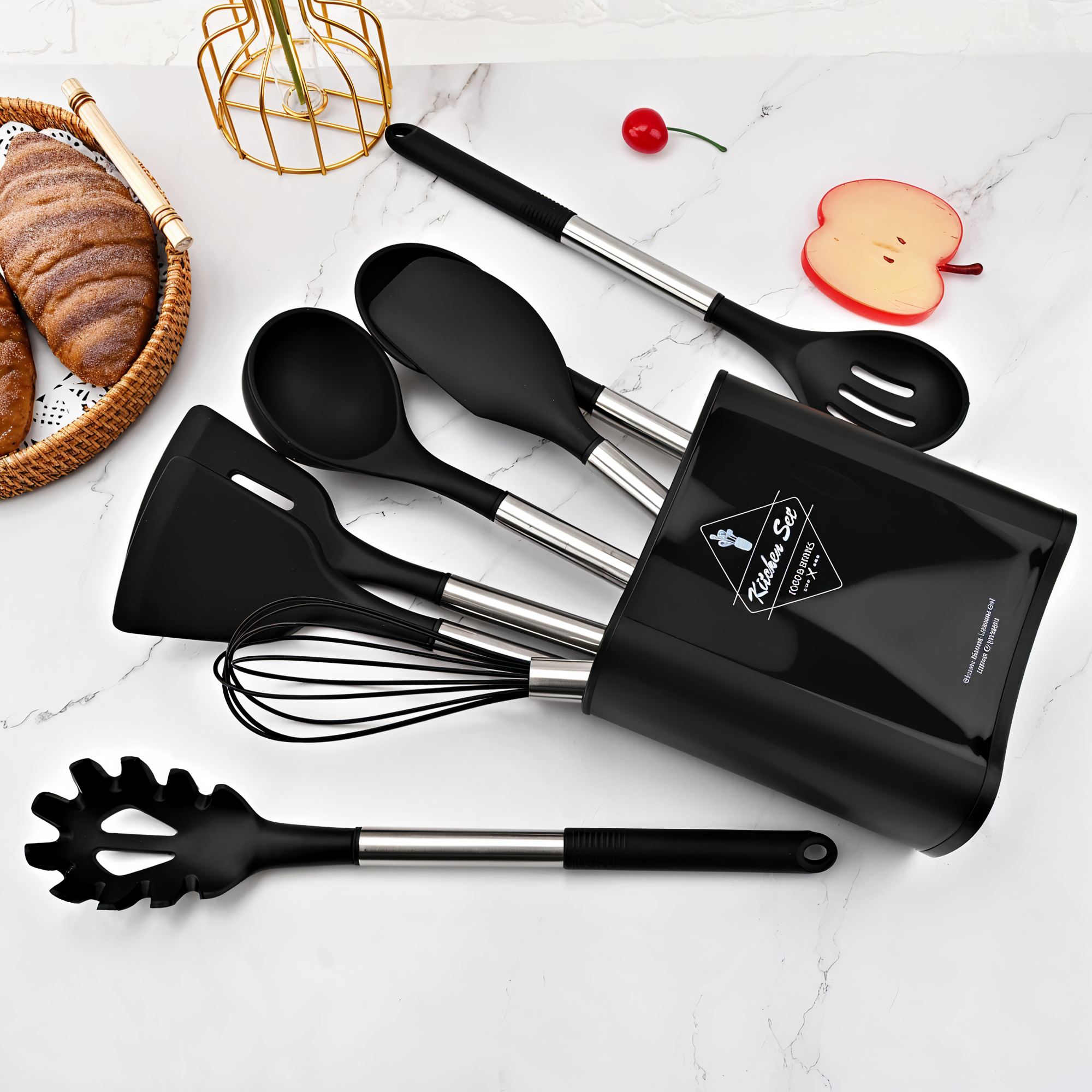 Set d'ustensiles de cuisine silicone 12 pièces résistant à la chaleur manche inox avec support | Restfield