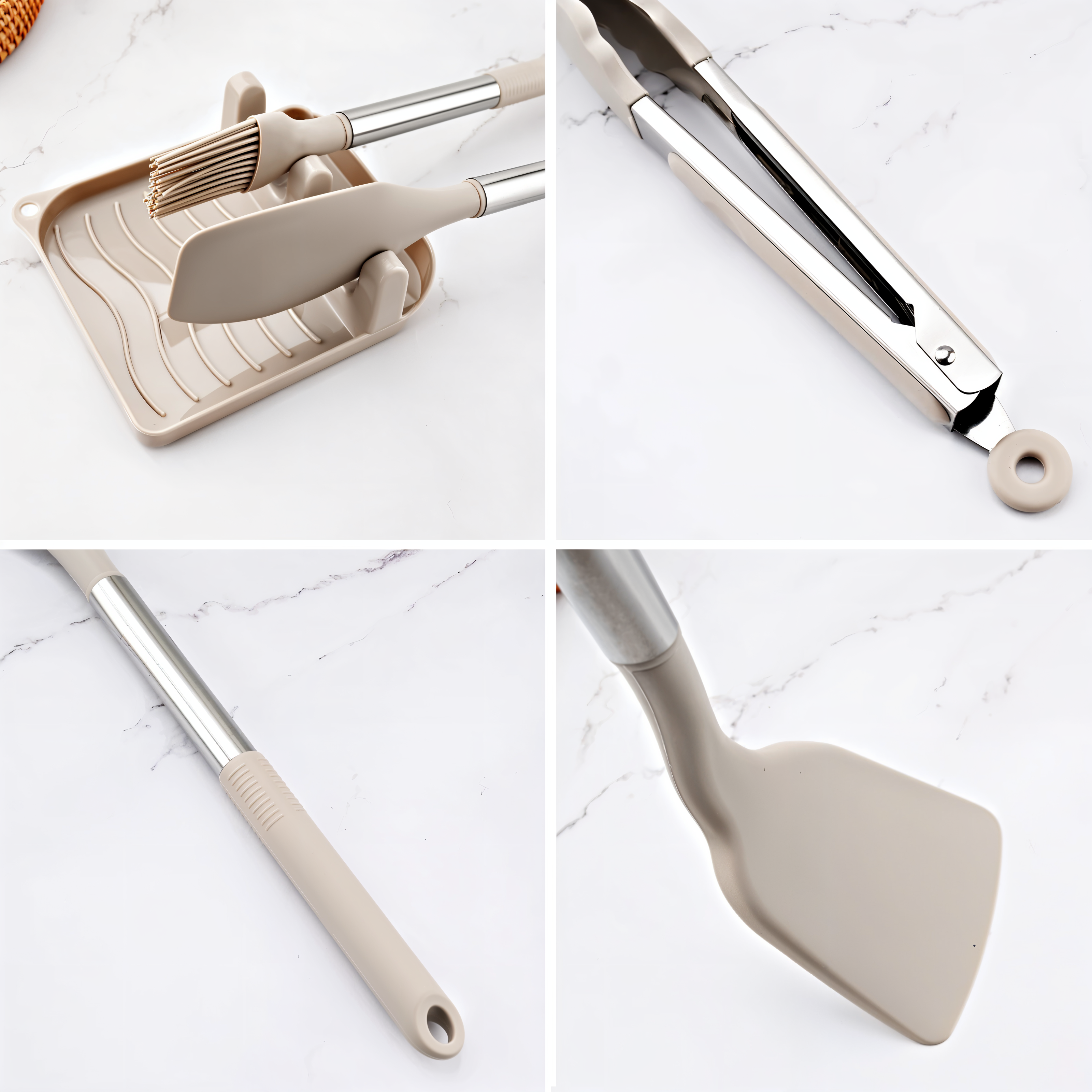 Set d'ustensiles de cuisine silicone 12 pièces résistant à la chaleur manche inox avec support | Restfield
