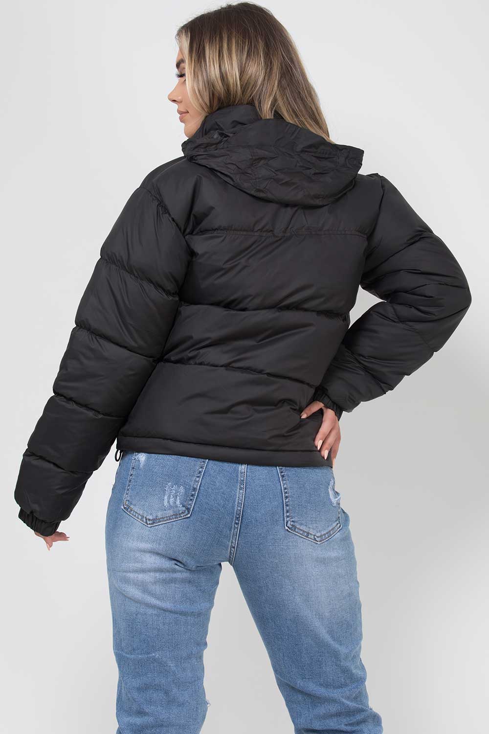 Quilted Women's Jacket with Hood and Zipper - Long Puffer Winter Jacket, Warm and Windproof for Women, Black | Sansoti