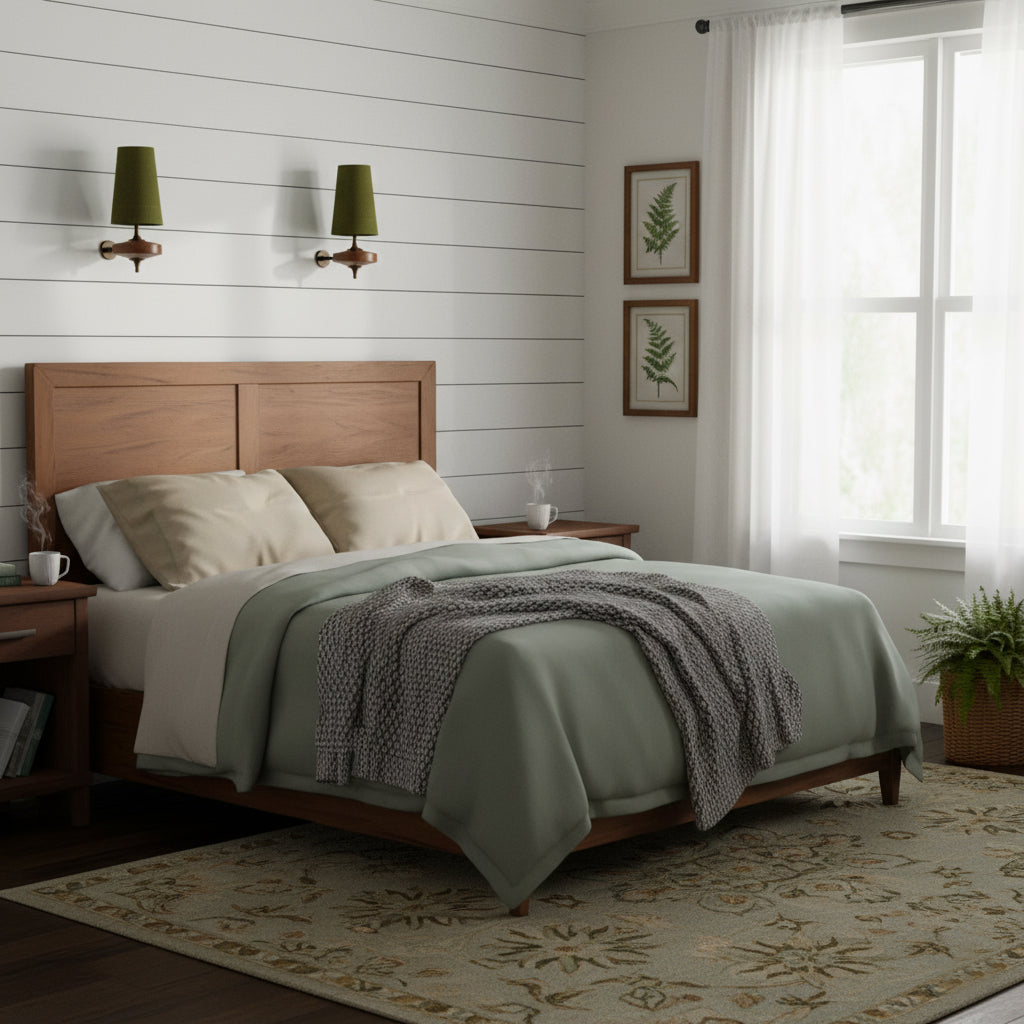 Design-Wandleuchte mit Holzdetails und Stoffschirm, inspiriert von der Nikau-Palme | Restfield