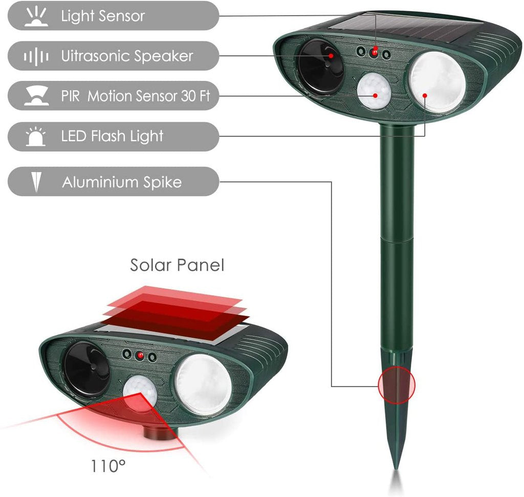 Ultraschall-Tiervertreiber mit Solarenergie und blinkendem LED-Licht, wasserdicht, für Garten und Rasen, Reichweite 225m² | Sansoti