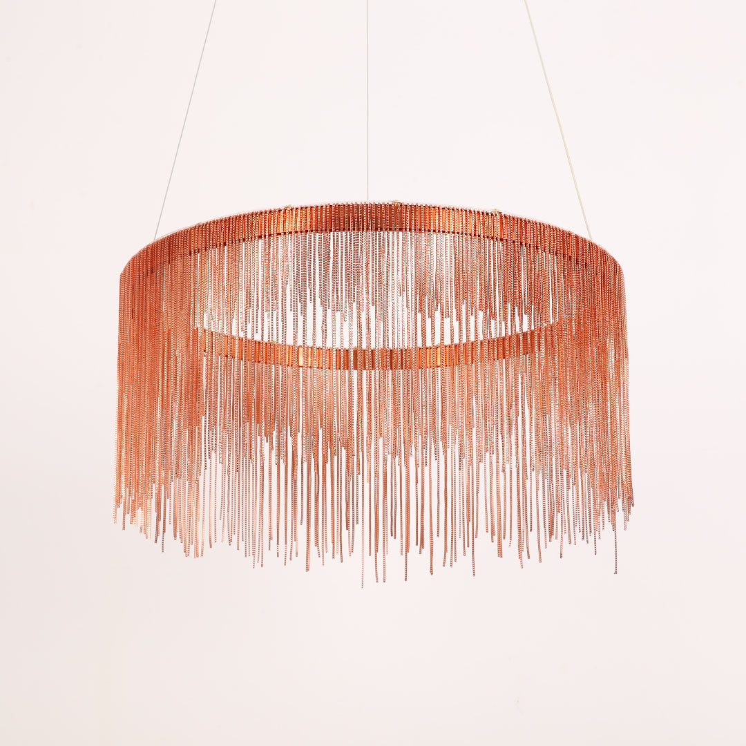 Suspension à chaîne avec pampilles LED en métal doré, argenté ou or rose pour salle à manger, salon ou chambre | Sansoti