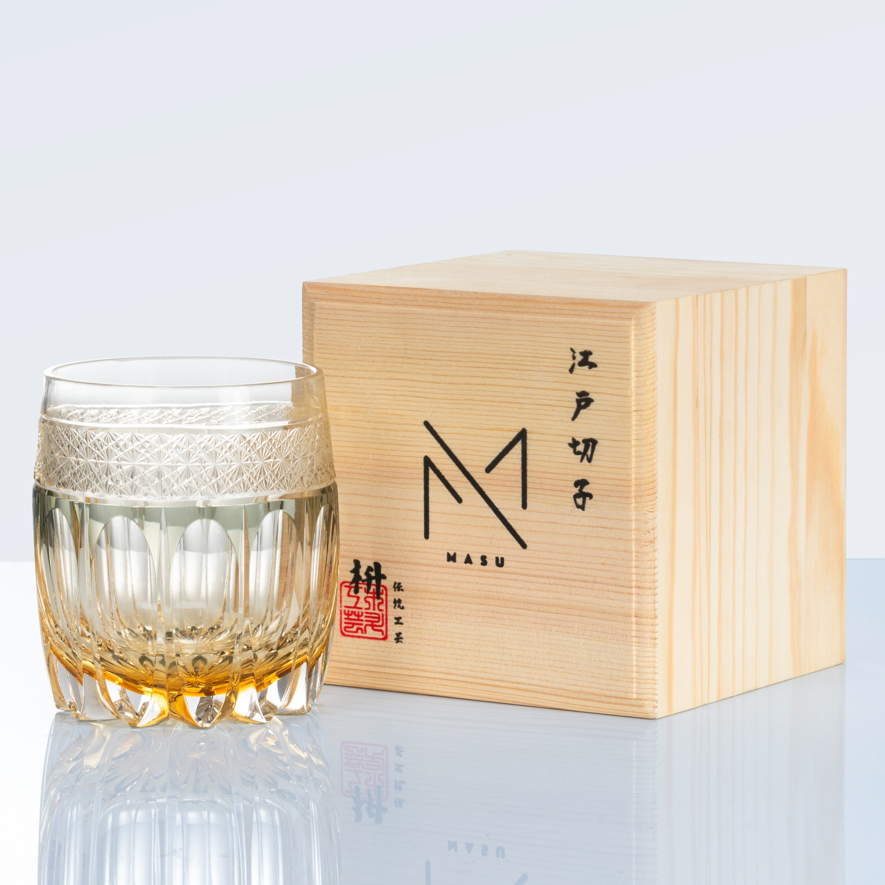 Handgeslepen Amber Whiskeyglas met Sterrenhemel Patroon en Houten Doos | Sansoti