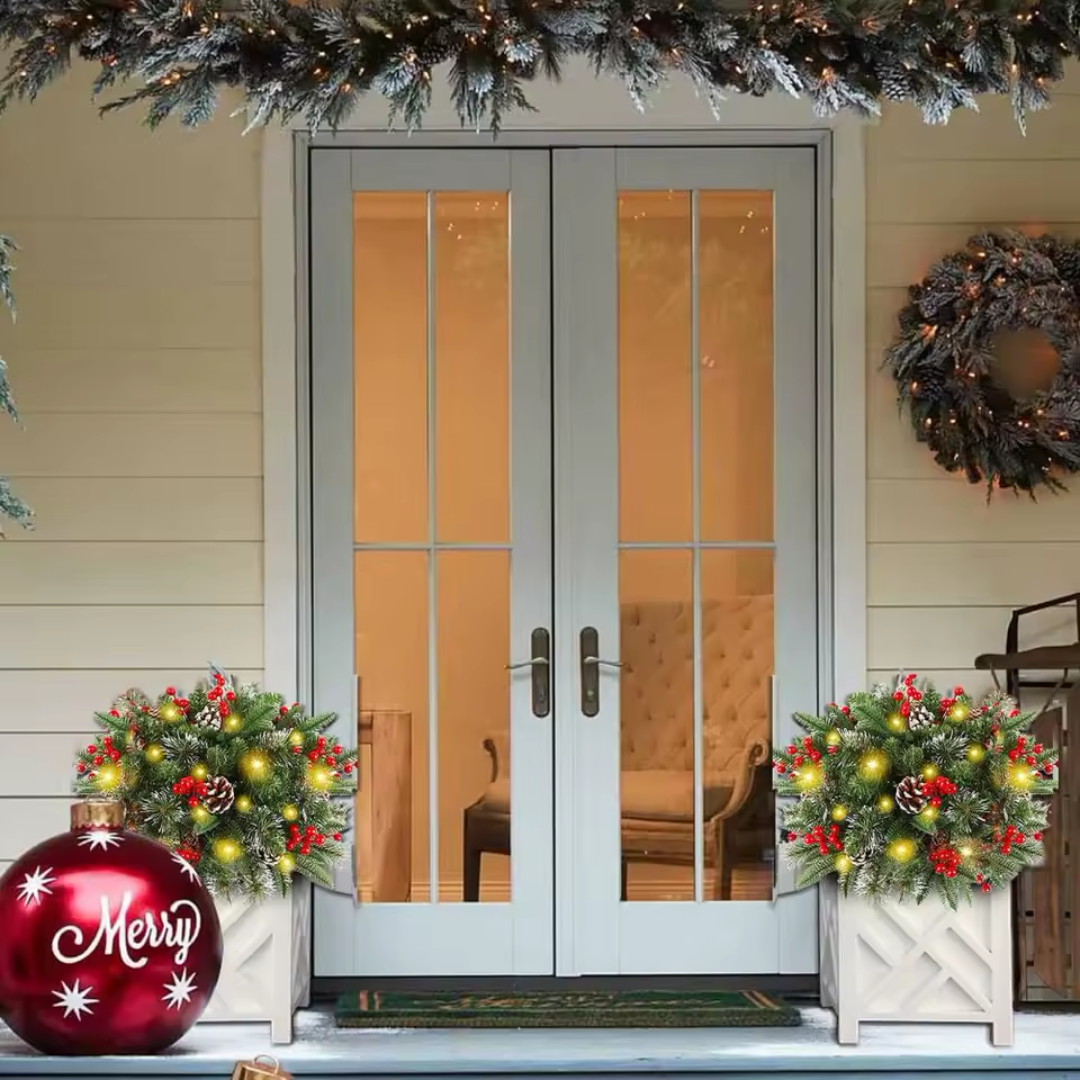 Lit Artificial Christmas Wreath 50cm with 50 Warm White LED Lights Battery Timer for Indoor and Outdoor Christmas Decoration | Sansoti