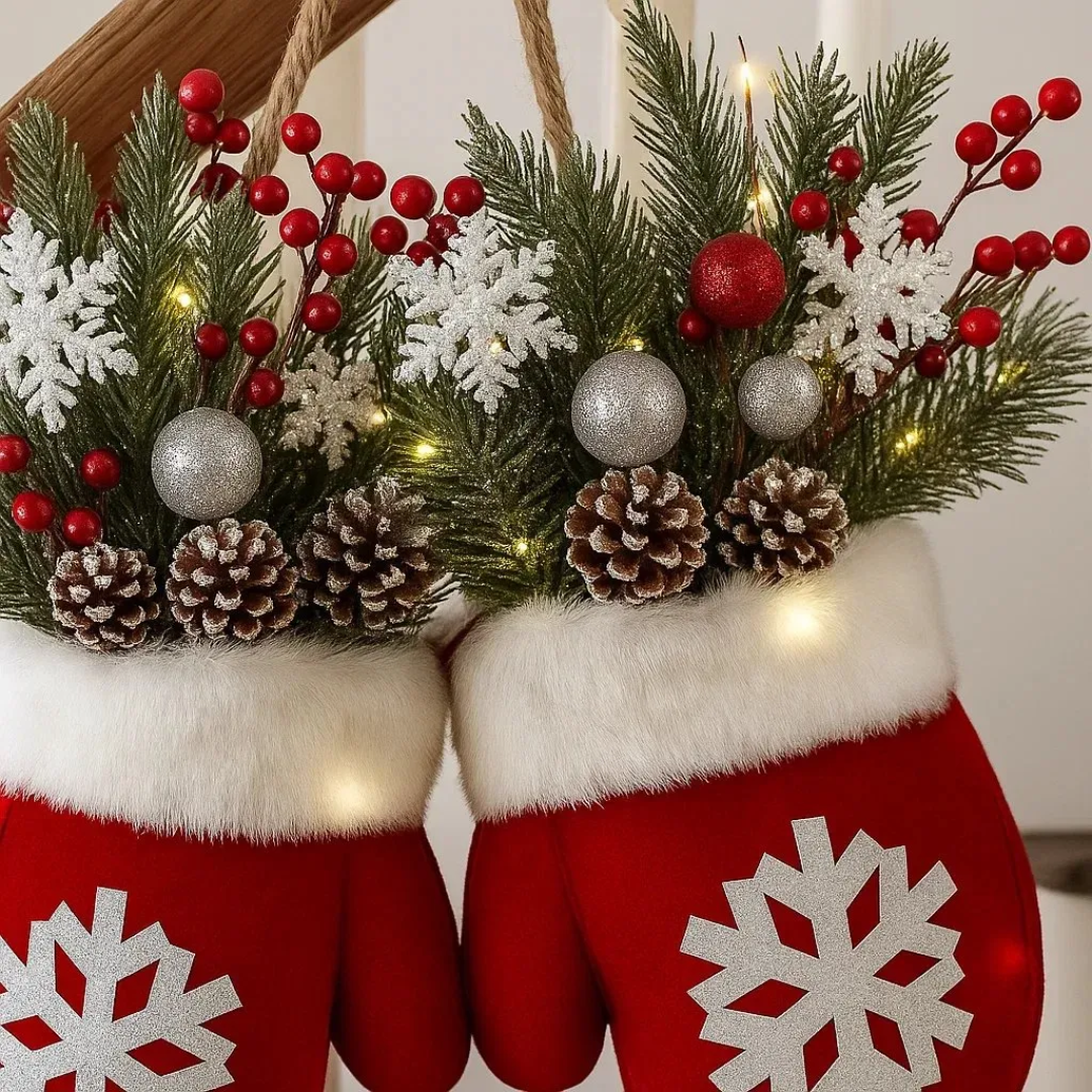 Beleuchtete Winterhandschuhe-Türdekoration 30x30cm Rot Plüsch-Weihnachtsanhänger Tannenzweige LED-Warmweißes Licht Weihnachten | Sansoti