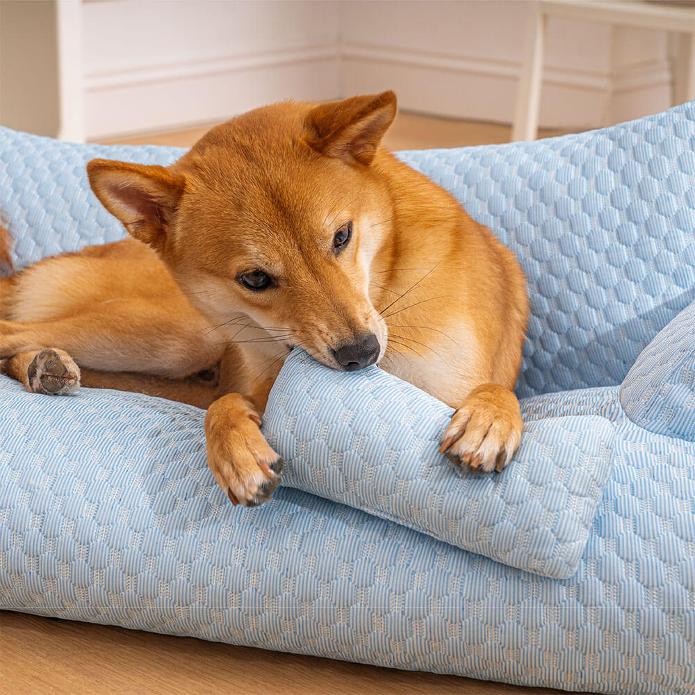 Kühlendes Hundesofa-Kissen mit Seitenlehnen – Atmungsaktive Eisseidenmatte für warme Sommertage und Komfort | Sansoti