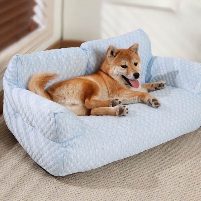 Kühlendes Hundesofa-Kissen mit Seitenlehnen – Atmungsaktive Eisseidenmatte für warme Sommertage und Komfort | Sansoti