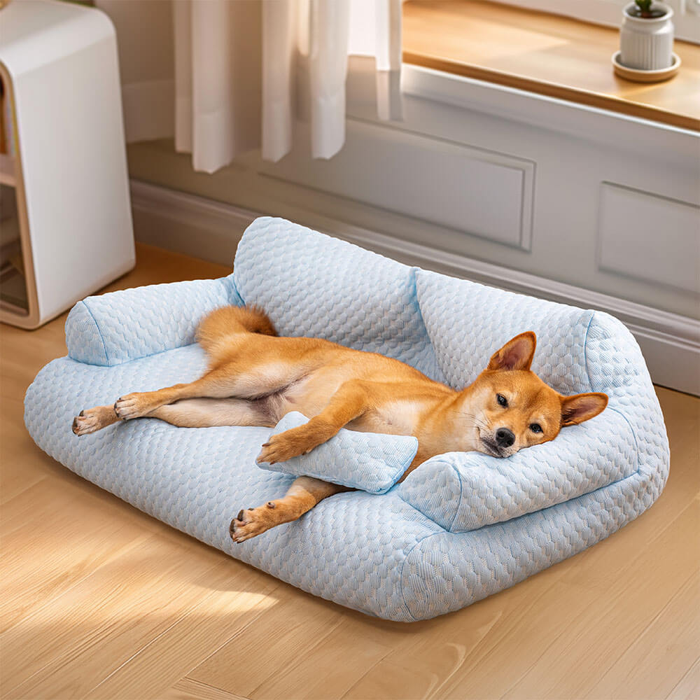 Kühlendes Hundesofa-Kissen mit Seitenlehnen – Atmungsaktive Eisseidenmatte für warme Sommertage und Komfort | Sansoti
