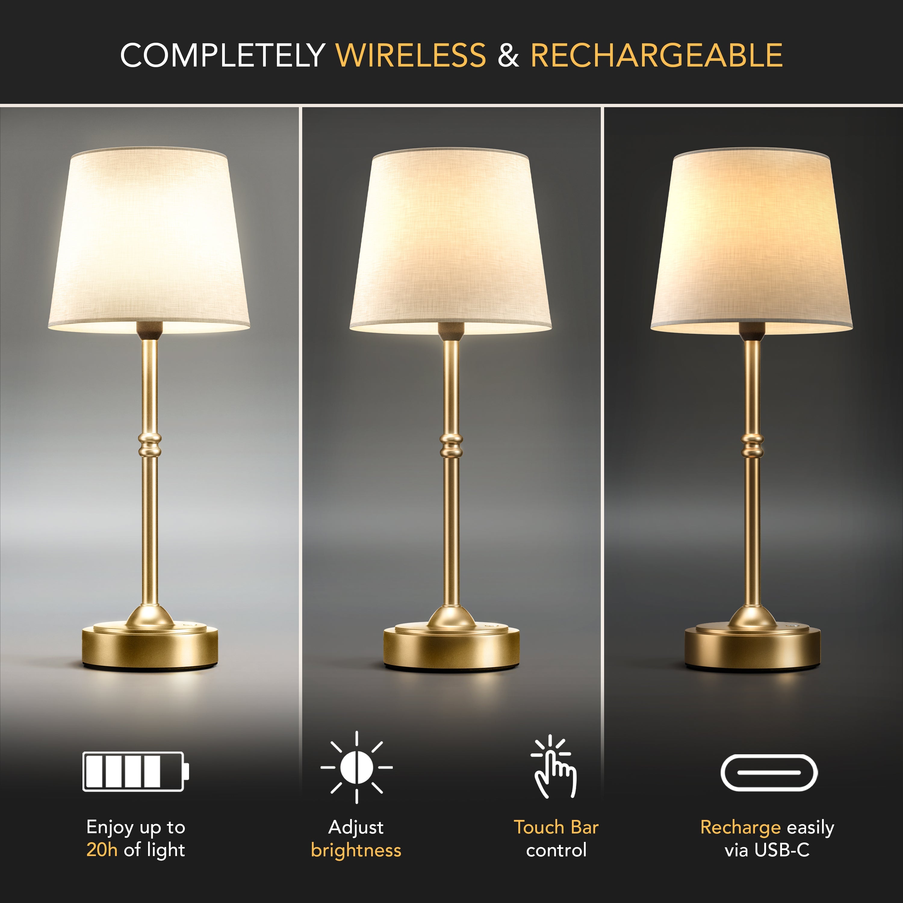 Tafellamp Oplaadbaar Draadloos Goud Wit Kap 40cm USB-C Touch Dimbaar Slaapkamer Woonkamer | Sansoti