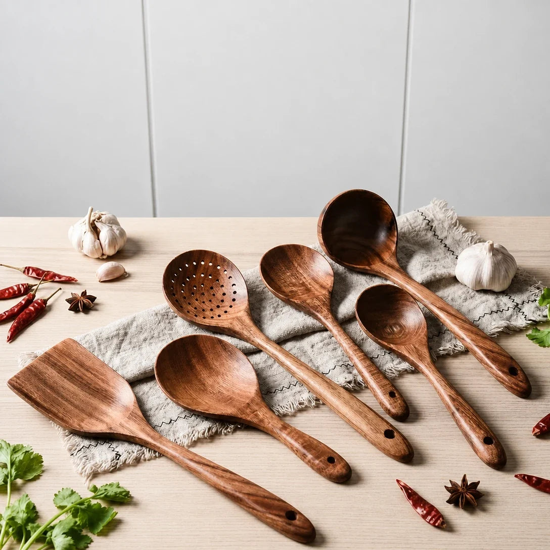 7-teiliges Küchenutensilien-Set aus Holz, Teakholz, natürlich verarbeitet, hitzebeständiges, antihaftbeschichtetes Kochgeschirr und Küchenhelfer | Sansoti