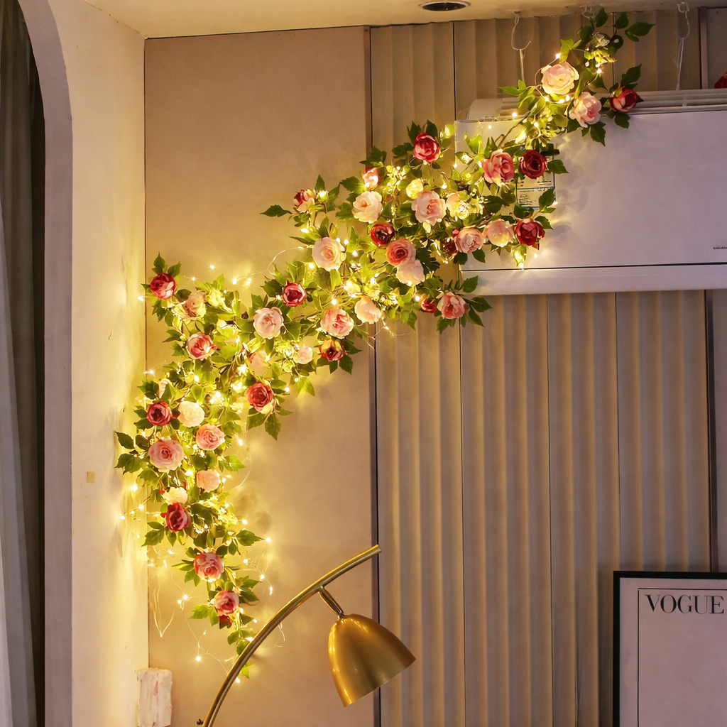LED Light Garland with Pink Roses for Wall Decoration – 5 Meter Ambient Light | Sansoti