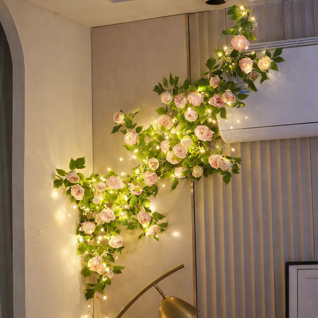 LED Light Garland with Pink Roses for Wall Decoration – 5 Meter Ambient Light | Sansoti