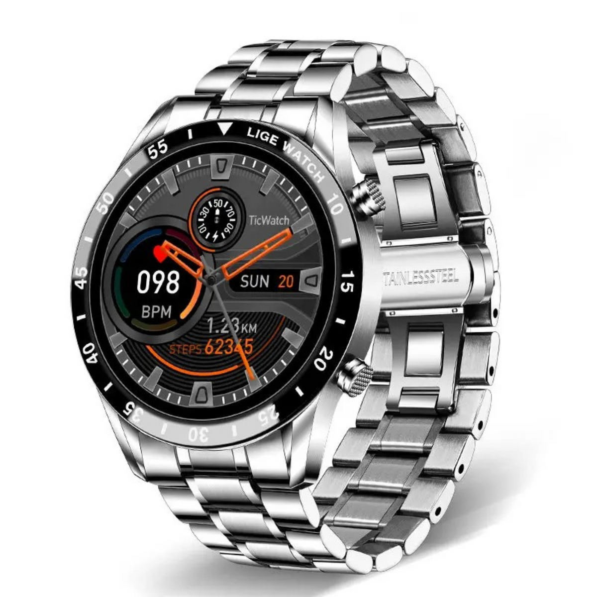 Multifunktionale Smartwatch mit rundem Display, Pulsmesser, Schrittzähler, Bluetooth-Fitness-Tracker, Schwarz-Silber | Sansoti
