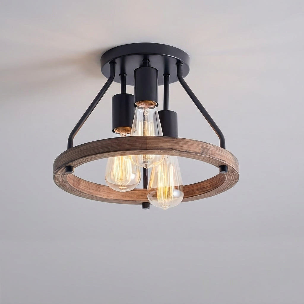 Plafondlamp Hout Metaal 3 Lichtpunten E27 Zwart Industrieel Landelijk Slaapkamer Woonkamer Hal Semi-flush Verstelbaar Rustiek | Sansoti
