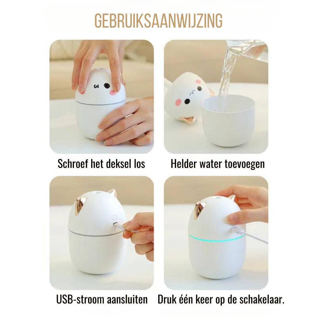 Katten Luchtbevochtiger met LED Nachtlampje – 250ml Bevochtiging voor Slaapkamer Bureau Kinderkamer | Sansoti