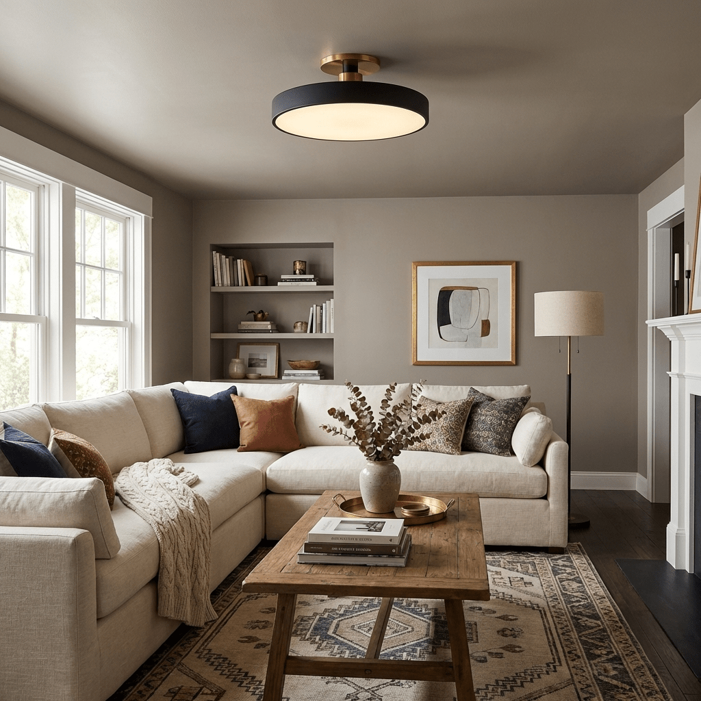 Isla Plafondlamp — Ronde Flush-Mount LED Plafonnière met Zwart Metalen Armatuur en Witte Diffuser | Ideaal voor Eetkamers, Kantoren en Moderne Interieurs | Verkrijgbaar in Zes Kleuren | Sansoti