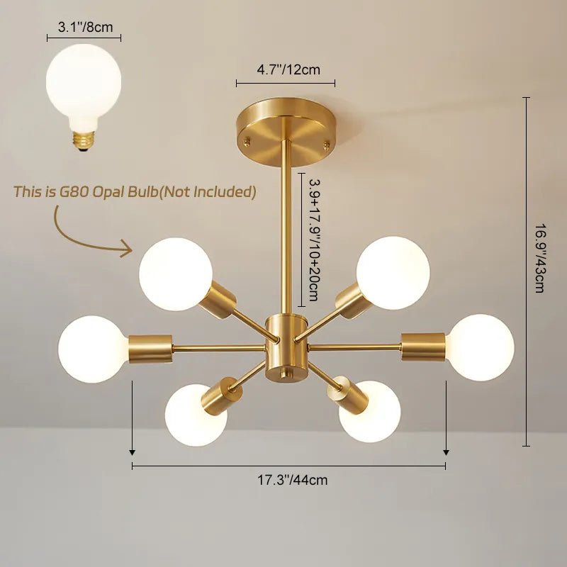 Moderne sputnik kroonluchter met 6 armen in messing – minimalistische design hanglamp zonder glazen kap | Sansoti