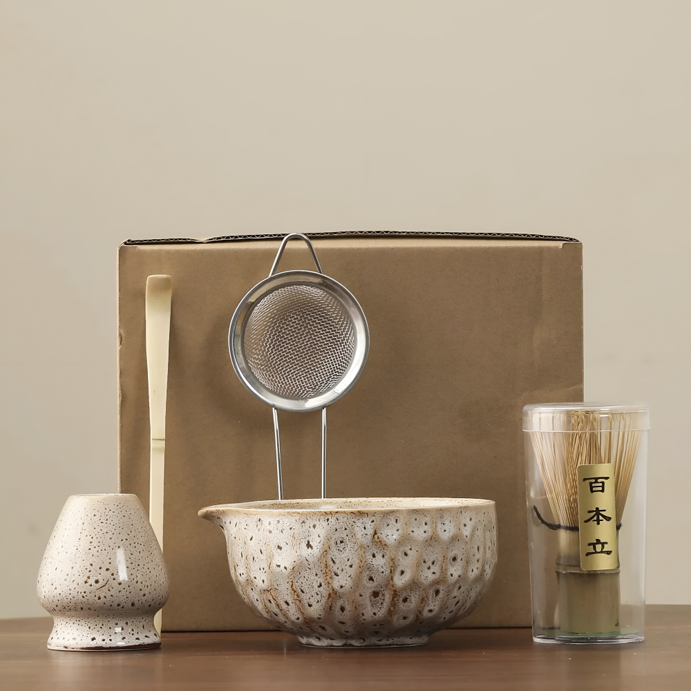 Japanisches Matcha-Tee-Set, 5-teilig, aus Keramik und Bambus, Chawan, Chasen, Chashaku und Sieb, traditionelles Zeremonie-Ritual | Sansoti
