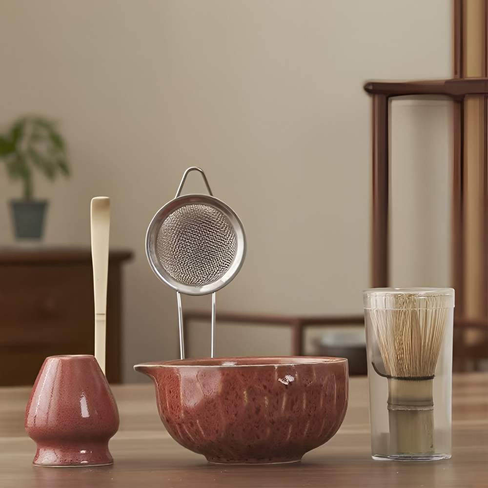 Japanisches Matcha-Tee-Set, 5-teilig, aus Keramik und Bambus, Chawan, Chasen, Chashaku und Sieb, traditionelles Zeremonie-Ritual | Sansoti