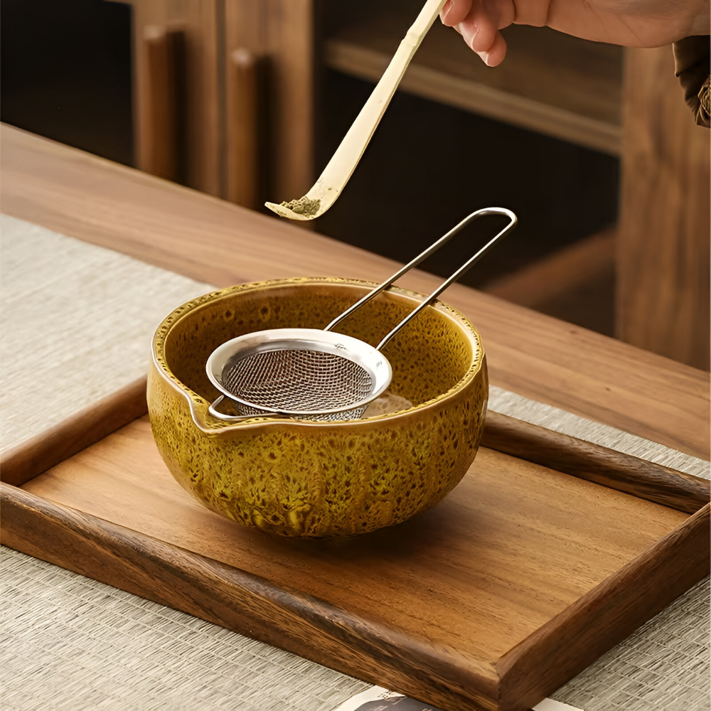 Japanisches Matcha-Tee-Set, 5-teilig, aus Keramik und Bambus, Chawan, Chasen, Chashaku und Sieb, traditionelles Zeremonie-Ritual | Sansoti