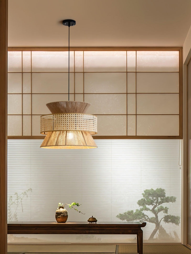 Handgeweven Hennep Hanglamp in Zen-Stijl – Natuurlijk Rotan Tromlamp voor Rustieke Sfeer | Sansoti