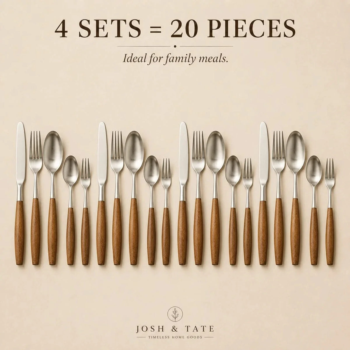 Besteckset aus Edelstahl mit Holzgriffen - 5- bis 30-teiliges Tafelbesteck - minimalistisches japanisches Design | Sansoti