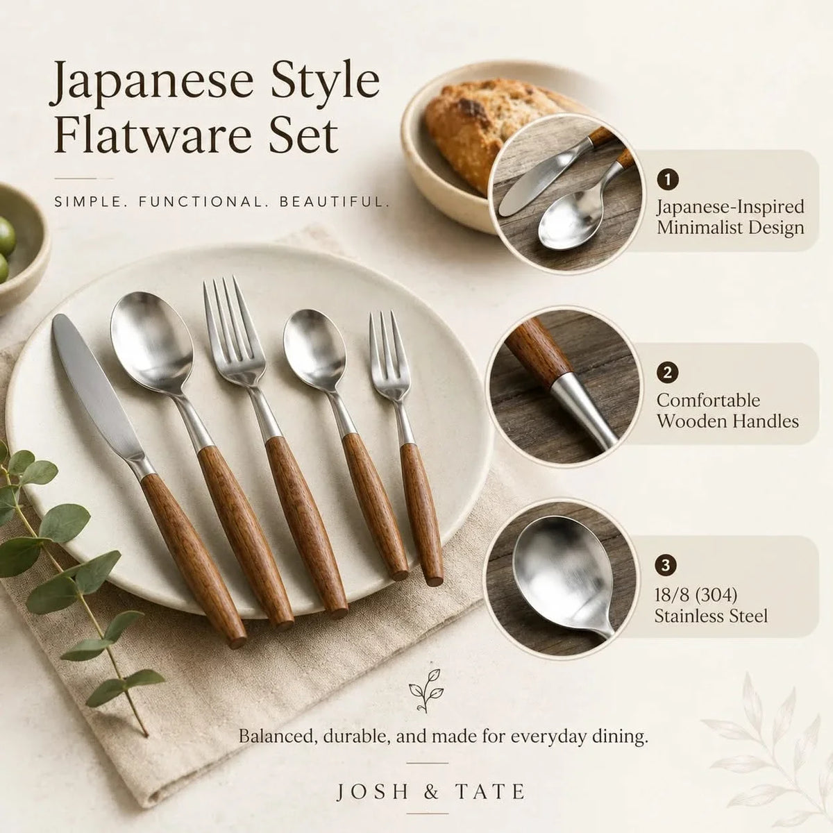 Besteckset aus Edelstahl mit Holzgriffen - 5- bis 30-teiliges Tafelbesteck - minimalistisches japanisches Design | Sansoti