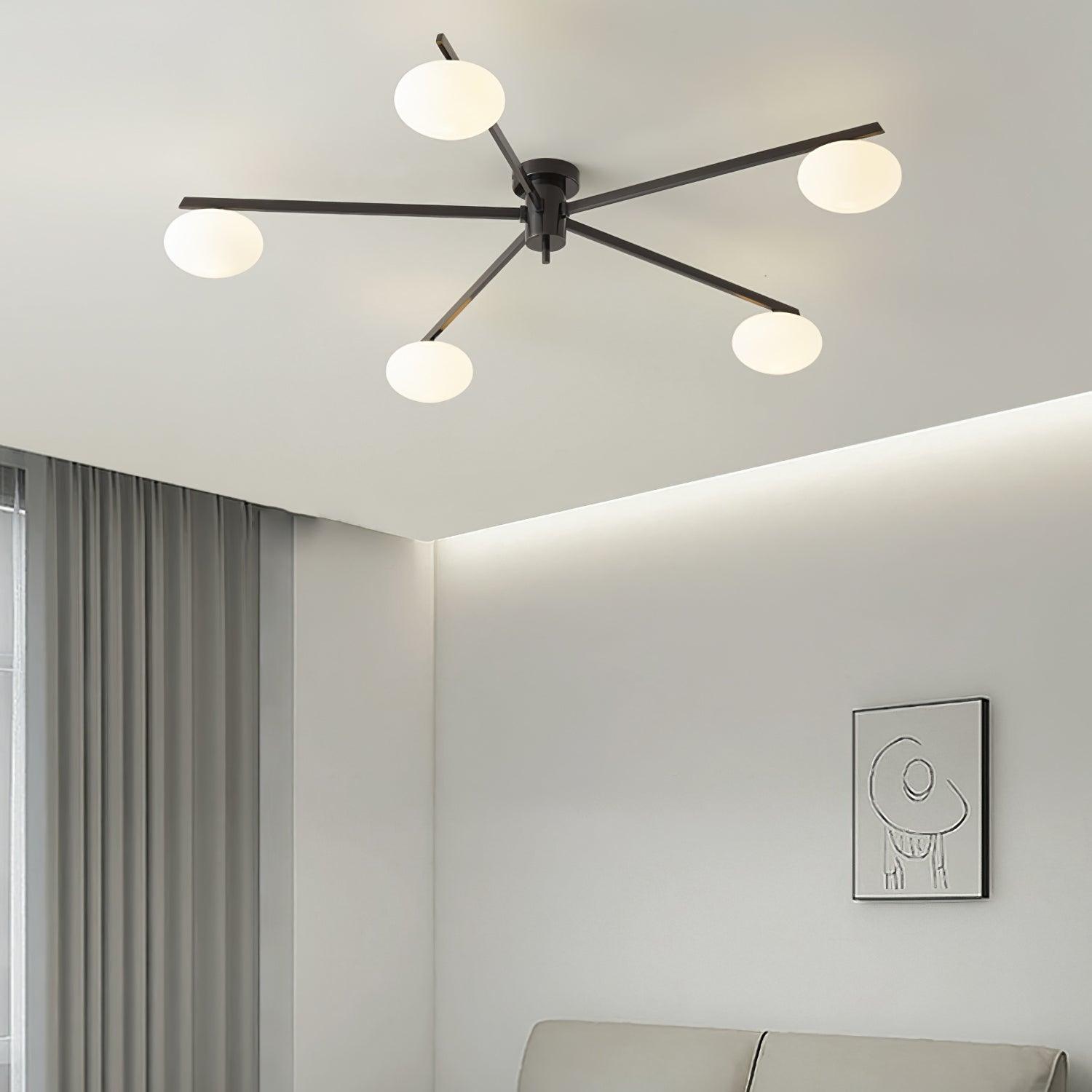 Plafondlamp met Ovale Glasbolletjes en Slanke Armen – Modern Laagprofieldesign voor Lage Plafonds in Zwart of Messing – G9 Fitting – 3-Kops, 5-Kops en 6-Kops Configuratie | Sansoti
