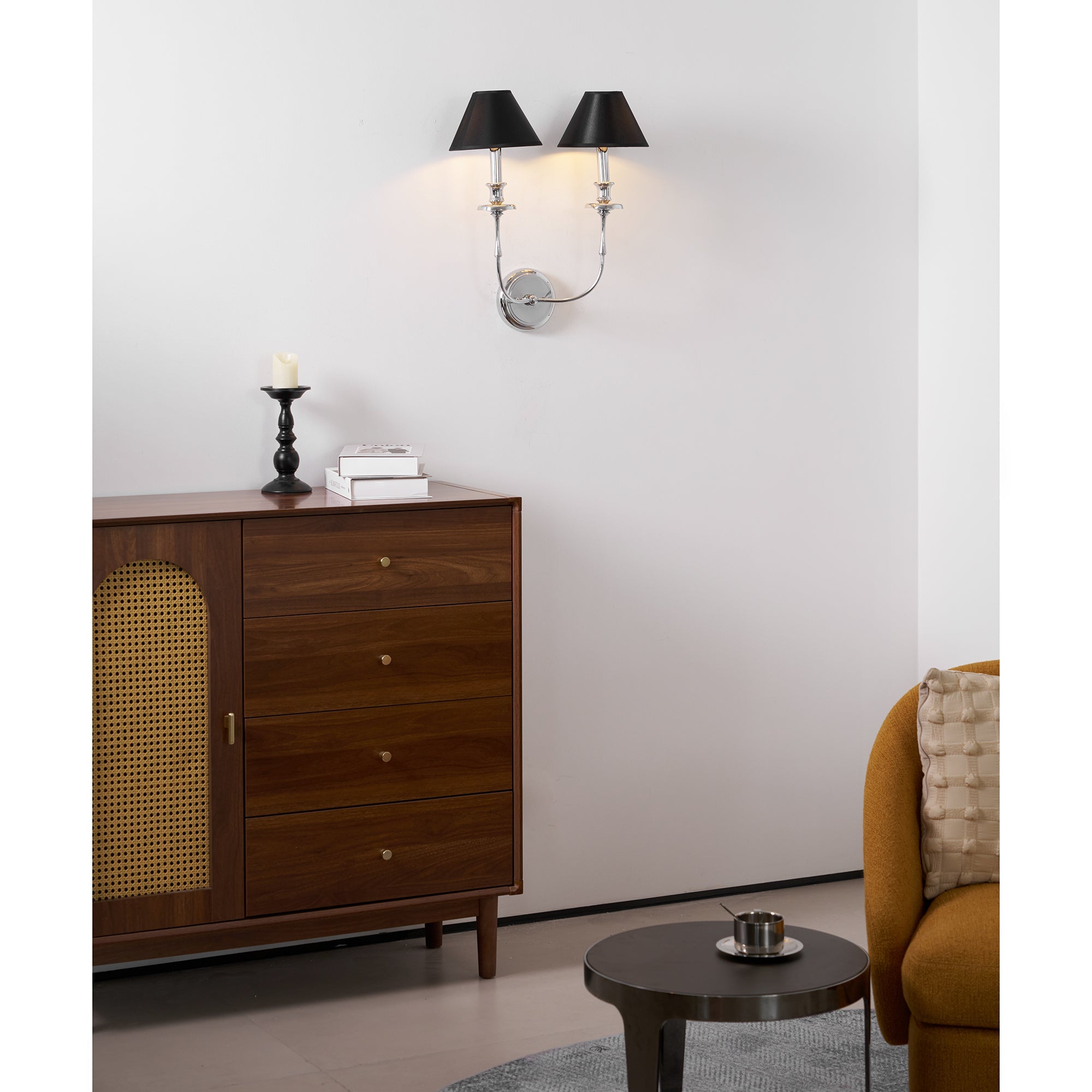 Applique Murale Moderne avec Abat-jour en Tissu Noir en Laiton, Nickel ou Noir – 1 ou 2 Points Lumineux Design | Restfield