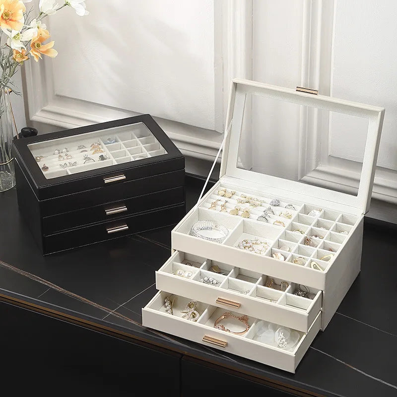 Sieradenorganizer met 3 Lagen en Glazen Deksel - Magnetische Sluiting - Veganistisch Leer Zwart Luxe | Sansoti