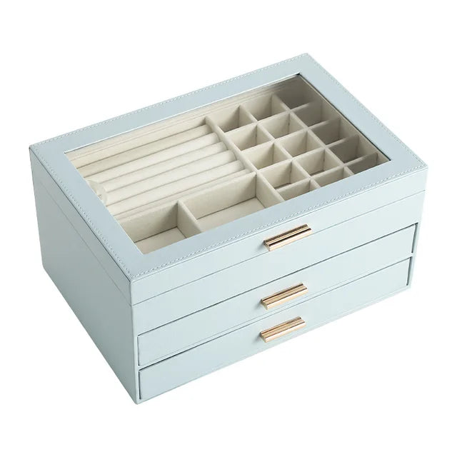 Sieradenorganizer met 3 Lagen en Glazen Deksel - Magnetische Sluiting - Veganistisch Leer Zwart Luxe | Sansoti