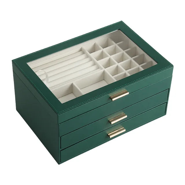 Sieradenorganizer met 3 Lagen en Glazen Deksel - Magnetische Sluiting - Veganistisch Leer Zwart Luxe | Sansoti