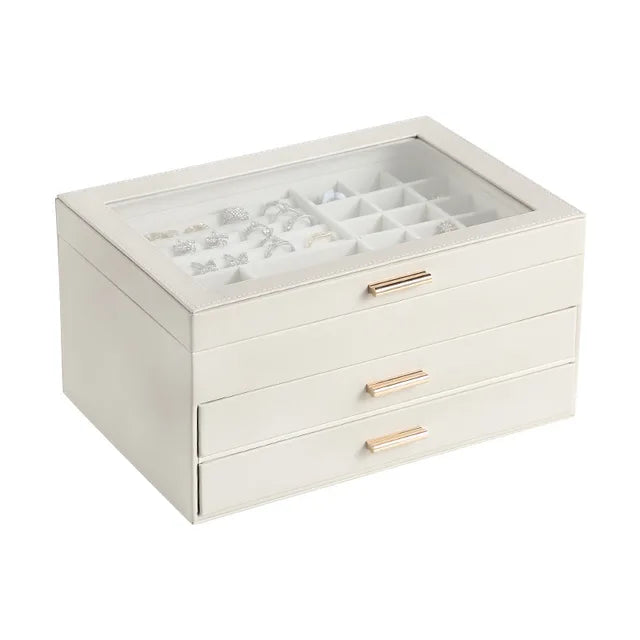 Sieradenorganizer met 3 Lagen en Glazen Deksel - Magnetische Sluiting - Veganistisch Leer Zwart Luxe | Sansoti
